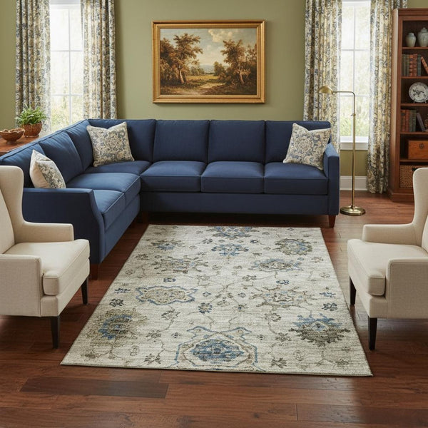 HomeRoots 9' X 12' Elegant Blue Ivory Gray Floral Medallion Rug - Washable, Stain-Resistant & UV Protected! 644609
