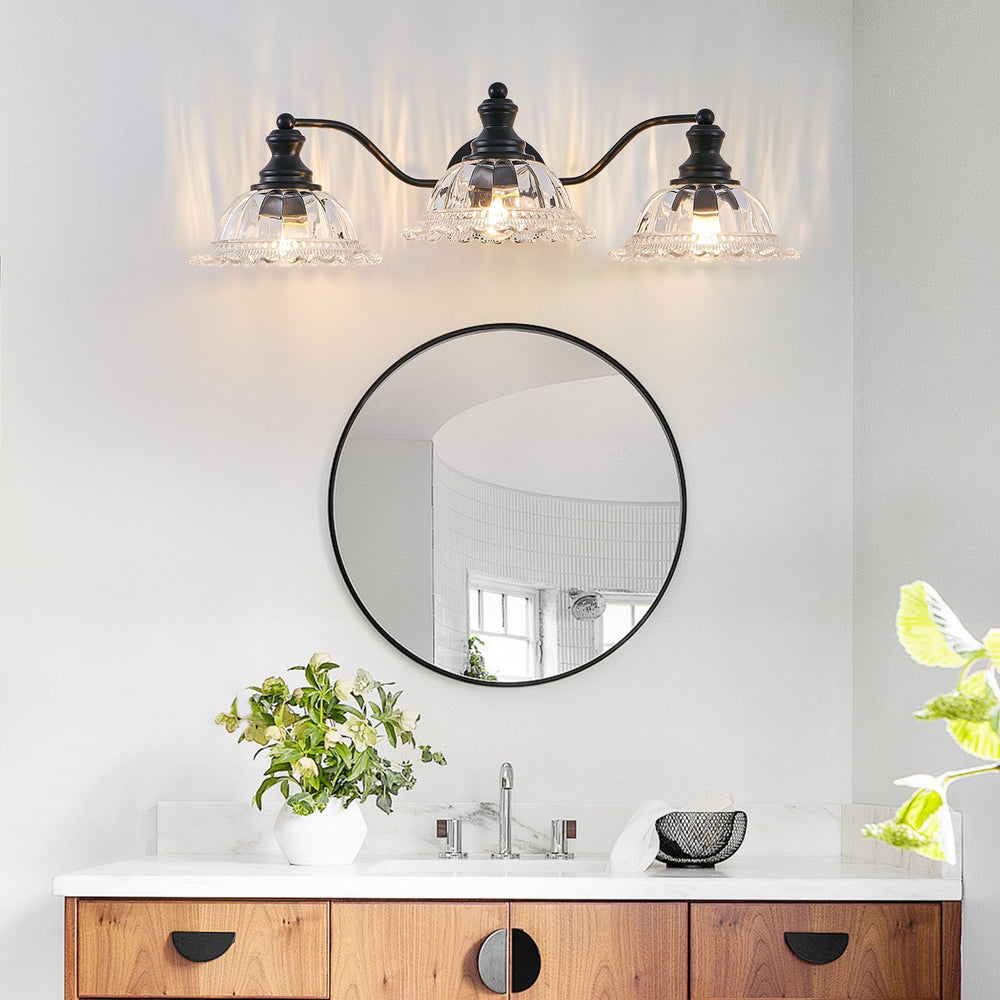 English Elm 24 Vintage 3-Light Wall Sconce with Iron and Glass Shades – Stylish Hardwired Vanity Fixture for Bathroom Mirror Black W2312P374844