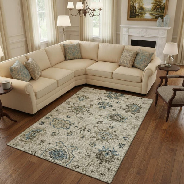 HomeRoots 10' Blue Ivory Gray Floral Medallion Area Rug – Washable, UV Protected, Durable & Stain Resistant 644610