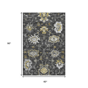 HomeRoots 5' X 8' Elegant Graphite Ivory Gold Floral Medallion Area Rug - Washable & UV Protected Design 644612