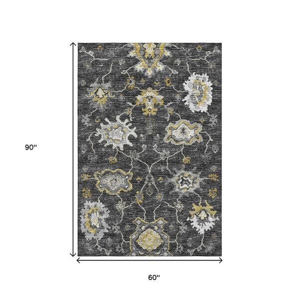 HomeRoots 5' X 8' Elegant Graphite Ivory Gold Floral Medallion Area Rug - Washable & UV Protected Design 644612