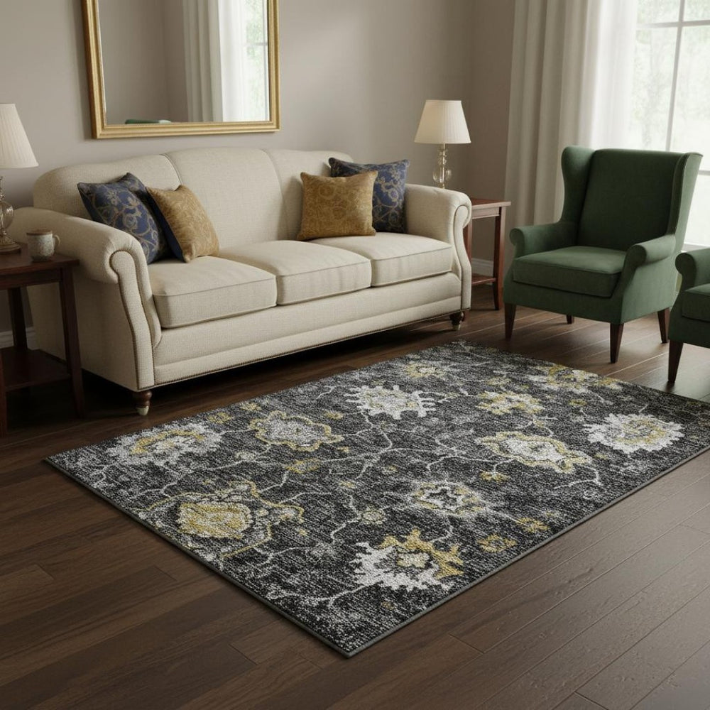 HomeRoots 5' X 8' Elegant Graphite Ivory Gold Floral Medallion Area Rug - Washable & UV Protected Design 644612