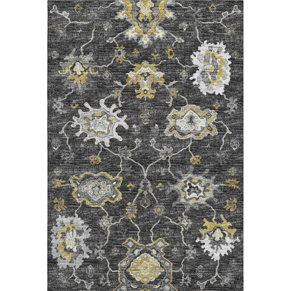 HomeRoots 5' X 8' Elegant Graphite Ivory Gold Floral Medallion Area Rug - Washable & UV Protected Design 644612