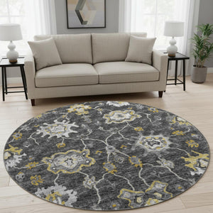 HomeRoots 8' Washable Round Rug in Graphite, Ivory & Gold Floral Medallion Design with UV & Stain Protection 644613