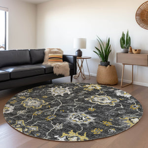 HomeRoots 8' Washable Round Rug in Graphite, Ivory & Gold Floral Medallion Design with UV & Stain Protection 644613