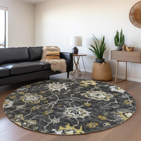 HomeRoots 8' Washable Round Rug in Graphite, Ivory & Gold Floral Medallion Design with UV & Stain Protection 644613