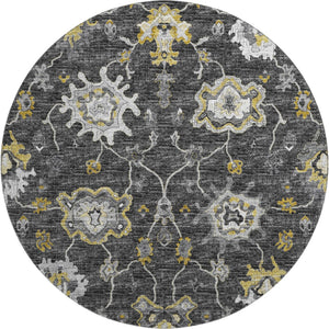 HomeRoots 8' Washable Round Rug in Graphite, Ivory & Gold Floral Medallion Design with UV & Stain Protection 644613