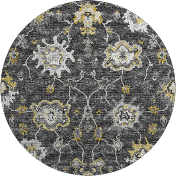 HomeRoots 8' Washable Round Rug in Graphite, Ivory & Gold Floral Medallion Design with UV & Stain Protection 644613