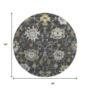 HomeRoots 8' Washable Round Rug in Graphite, Ivory & Gold Floral Medallion Design with UV & Stain Protection 644613