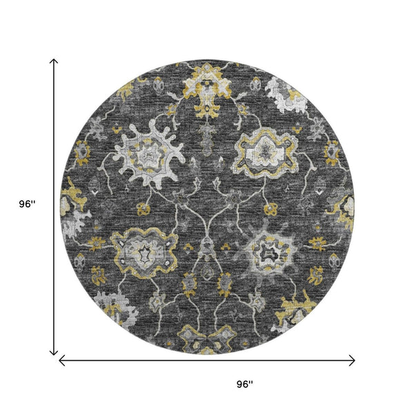 HomeRoots 8' Washable Round Rug in Graphite, Ivory & Gold Floral Medallion Design with UV & Stain Protection 644613
