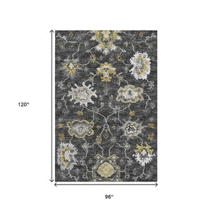 HomeRoots 8' X 10' Washable Graphite Ivory Gold Floral Medallion Area Rug – Stain-Resistant & UV Protected! 644614