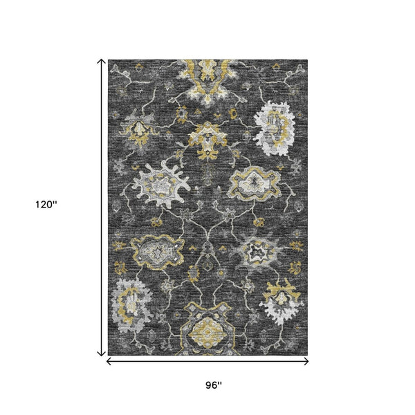 HomeRoots 8' X 10' Washable Graphite Ivory Gold Floral Medallion Area Rug – Stain-Resistant & UV Protected! 644614