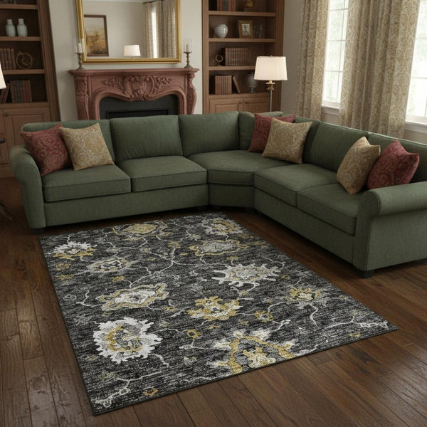 HomeRoots 8' X 10' Washable Graphite Ivory Gold Floral Medallion Area Rug – Stain-Resistant & UV Protected! 644614