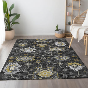HomeRoots 8' X 10' Washable Graphite Ivory Gold Floral Medallion Area Rug – Stain-Resistant & UV Protected! 644614