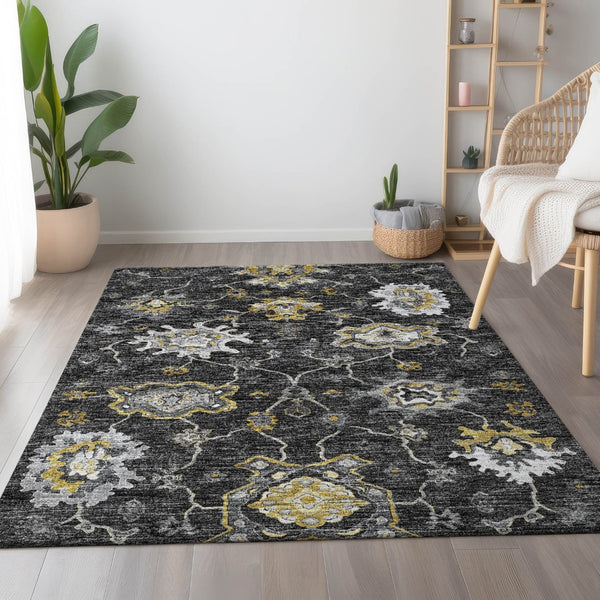 HomeRoots 8' X 10' Washable Graphite Ivory Gold Floral Medallion Area Rug – Stain-Resistant & UV Protected! 644614