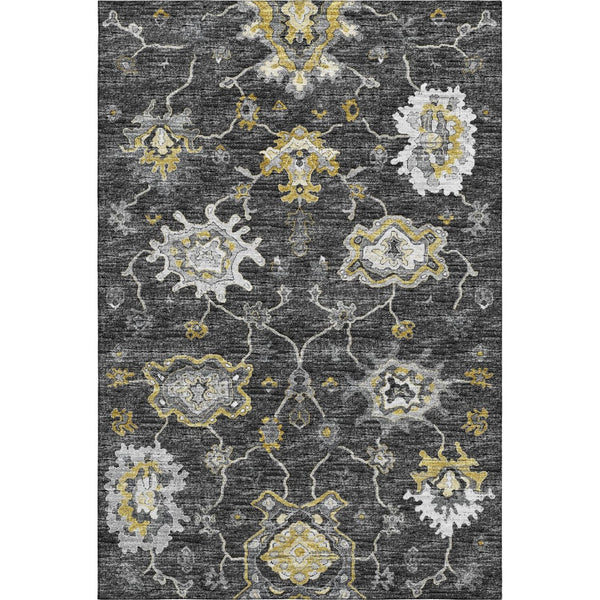 HomeRoots 8' X 10' Washable Graphite Ivory Gold Floral Medallion Area Rug – Stain-Resistant & UV Protected! 644614