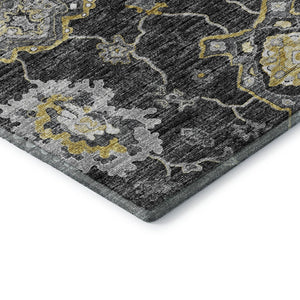 HomeRoots 8' X 10' Washable Graphite Ivory Gold Floral Medallion Area Rug – Stain-Resistant & UV Protected! 644614