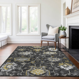 HomeRoots 8' X 10' Washable Graphite Ivory Gold Floral Medallion Area Rug – Stain-Resistant & UV Protected! 644614