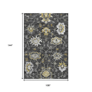HomeRoots 9' X 12' Stylish Graphite Ivory Gold Floral Medallion Washable Rug - Durable, Stain-Resistant Design! 644615
