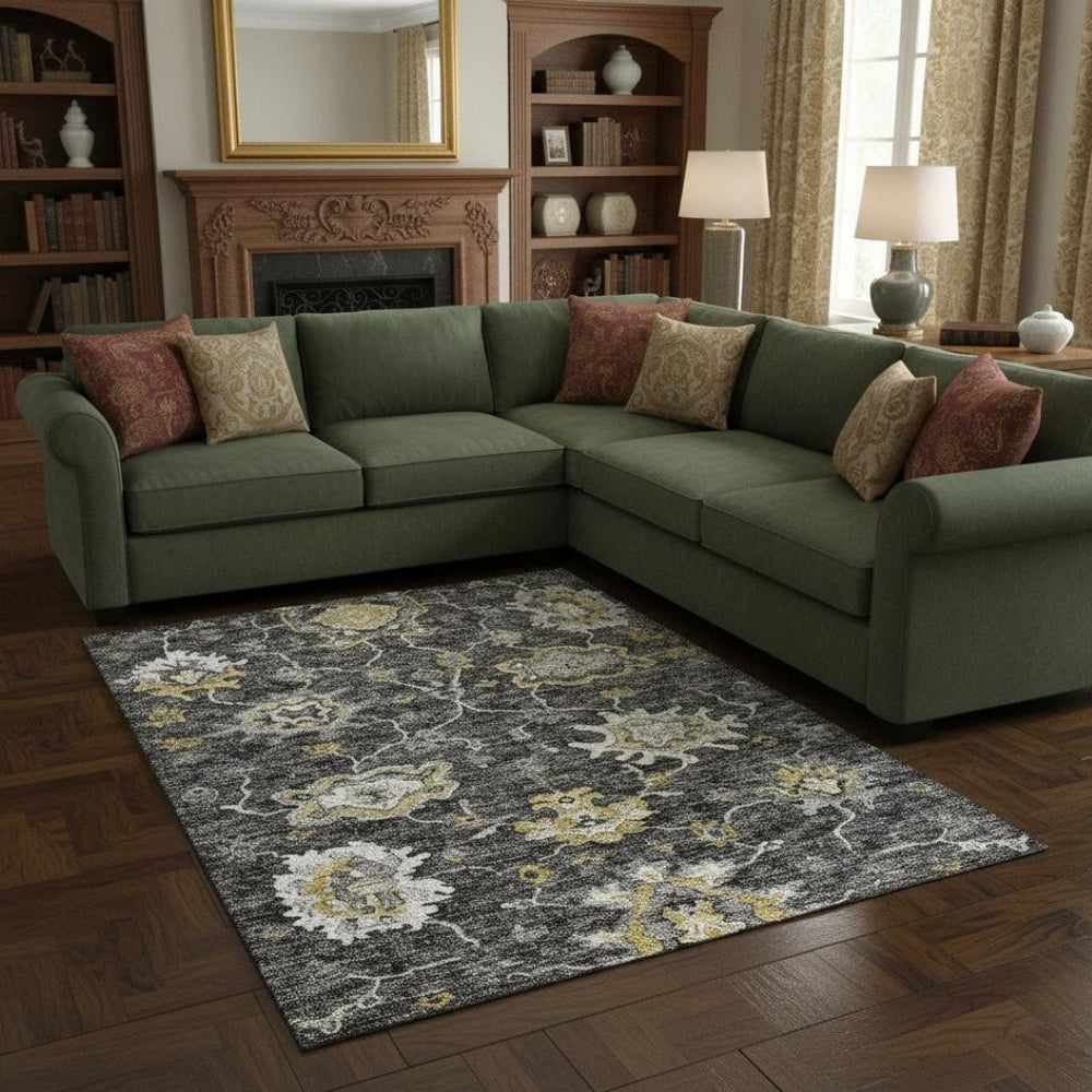 HomeRoots 9' X 12' Stylish Graphite Ivory Gold Floral Medallion Washable Rug - Durable, Stain-Resistant Design! 644615
