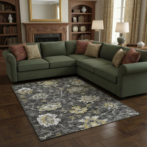 HomeRoots 9' X 12' Stylish Graphite Ivory Gold Floral Medallion Washable Rug - Durable, Stain-Resistant Design! 644615