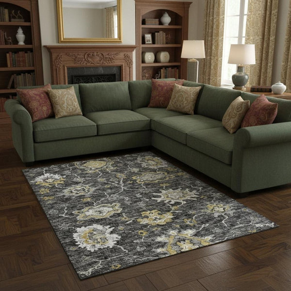 HomeRoots 9' X 12' Stylish Graphite Ivory Gold Floral Medallion Washable Rug - Durable, Stain-Resistant Design! 644615