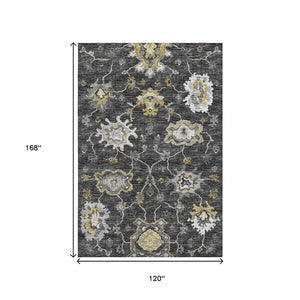 HomeRoots 10' X 14' Graphite Ivory Gold Floral Medallion Area Rug - Washable, UV-Protected & Pet-Friendly! 644616