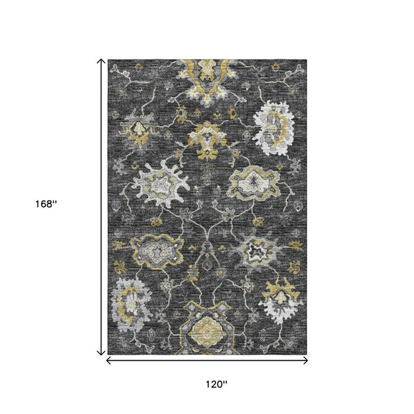 HomeRoots 10' X 14' Graphite Ivory Gold Floral Medallion Area Rug - Washable, UV-Protected & Pet-Friendly! 644616