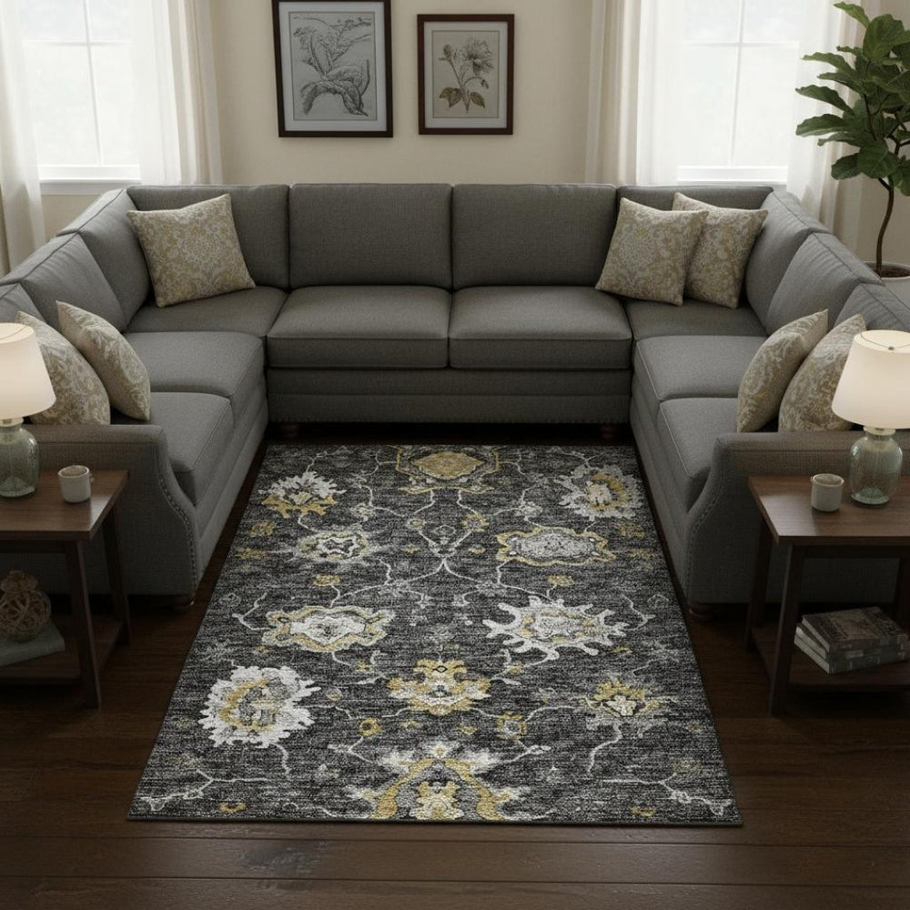 HomeRoots 10' X 14' Graphite Ivory Gold Floral Medallion Area Rug - Washable, UV-Protected & Pet-Friendly! 644616