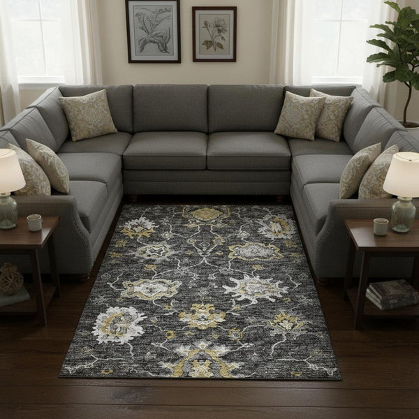 HomeRoots 10' X 14' Graphite Ivory Gold Floral Medallion Area Rug - Washable, UV-Protected & Pet-Friendly! 644616