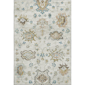 HomeRoots 5' Elegant Floral Medallion Area Rug in Linen Blue & Coffee – Washable, UV Protected, Pet Friendly 644618