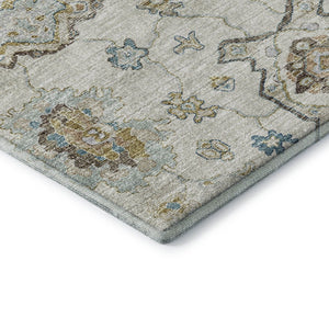 HomeRoots 5' Elegant Floral Medallion Area Rug in Linen Blue & Coffee – Washable, UV Protected, Pet Friendly 644618