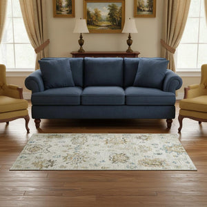 HomeRoots 5' Elegant Floral Medallion Area Rug in Linen Blue & Coffee – Washable, UV Protected, Pet Friendly 644618