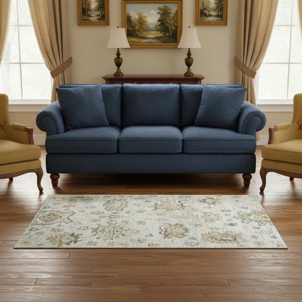 HomeRoots 5' Elegant Floral Medallion Area Rug in Linen Blue & Coffee – Washable, UV Protected, Pet Friendly 644618