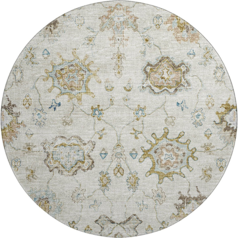 HomeRoots 8' Linen Blue and Coffee Floral Medallion Rug – Washable, Stain-Resistant, UV Protected for Durability 644619