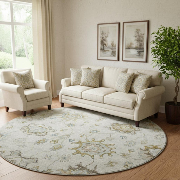 HomeRoots 8' Linen Blue and Coffee Floral Medallion Rug – Washable, Stain-Resistant, UV Protected for Durability 644619