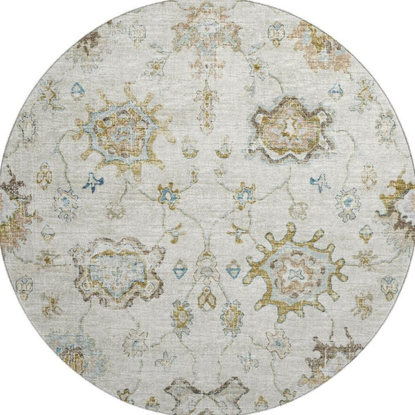 HomeRoots 8' Linen Blue and Coffee Floral Medallion Rug – Washable, Stain-Resistant, UV Protected for Durability 644619