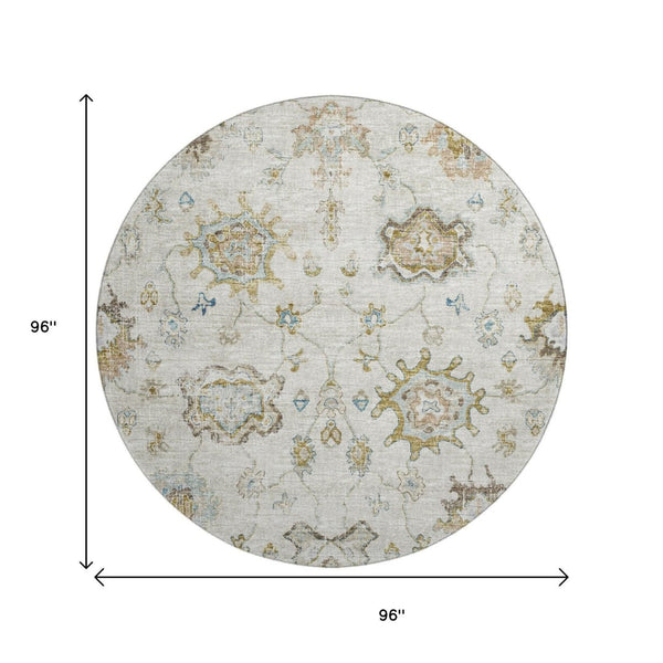 HomeRoots 8' Linen Blue and Coffee Floral Medallion Rug – Washable, Stain-Resistant, UV Protected for Durability 644619