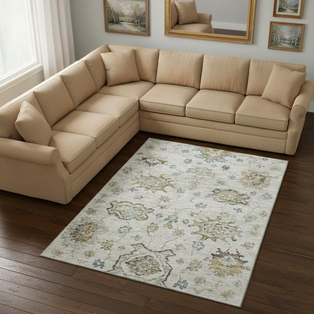 HomeRoots 8' X 10' Floral Medallion Washable Area Rug – Elegant Blue and Coffee Design with UV Protection! 644620