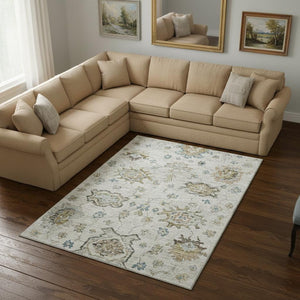 HomeRoots 9' X 12' Elegant Floral Medallion Area Rug in Linen Blue & Coffee - Washable, UV Protected, Durable 644621