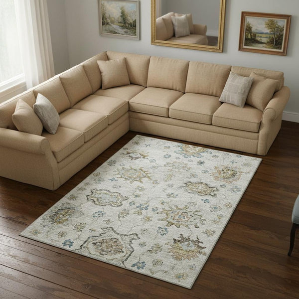 HomeRoots 9' X 12' Elegant Floral Medallion Area Rug in Linen Blue & Coffee - Washable, UV Protected, Durable 644621