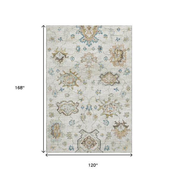 HomeRoots 10' Linen Blue & Coffee Floral Medallion Area Rug - Washable, UV Protected, Stain Resistant Comfort 644622