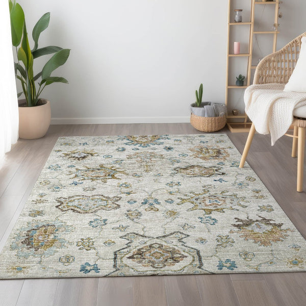 HomeRoots 10' Linen Blue & Coffee Floral Medallion Area Rug - Washable, UV Protected, Stain Resistant Comfort 644622