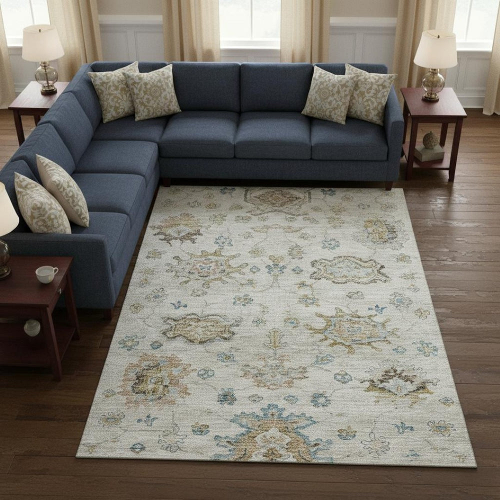 HomeRoots 10' Linen Blue & Coffee Floral Medallion Area Rug - Washable, UV Protected, Stain Resistant Comfort 644622