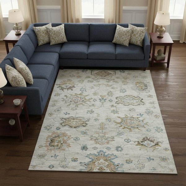 HomeRoots 10' Linen Blue & Coffee Floral Medallion Area Rug - Washable, UV Protected, Stain Resistant Comfort 644622