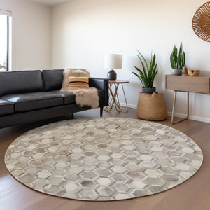 HomeRoots 8' Gray Ivory and Beige Geometric Round Rug – Washable, UV-Protected, Stylish for High-Traffic Areas 644631