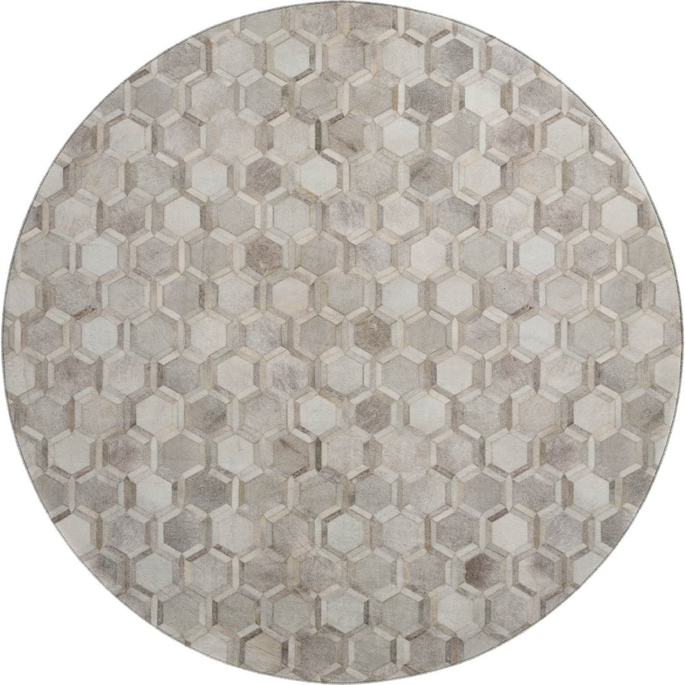 HomeRoots 8' Gray Ivory and Beige Geometric Round Rug – Washable, UV-Protected, Stylish for High-Traffic Areas 644631