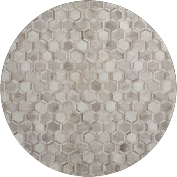 HomeRoots 8' Gray Ivory and Beige Geometric Round Rug – Washable, UV-Protected, Stylish for High-Traffic Areas 644631