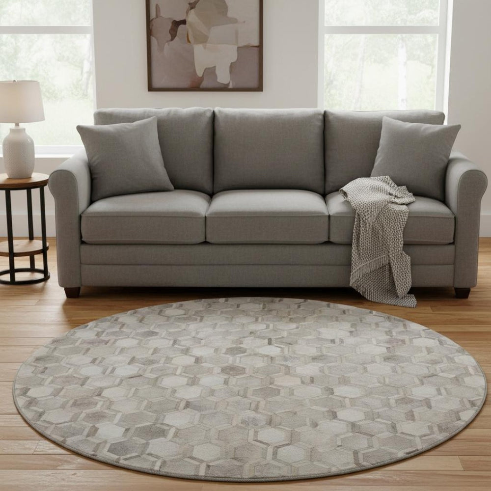 HomeRoots 8' Gray Ivory and Beige Geometric Round Rug – Washable, UV-Protected, Stylish for High-Traffic Areas 644631