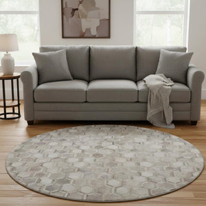 HomeRoots 8' Gray Ivory and Beige Geometric Round Rug – Washable, UV-Protected, Stylish for High-Traffic Areas 644631